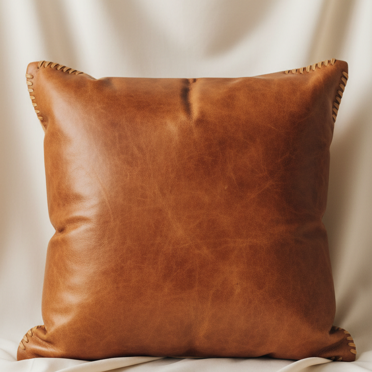 Saddle Brown Leather Throw Pillow