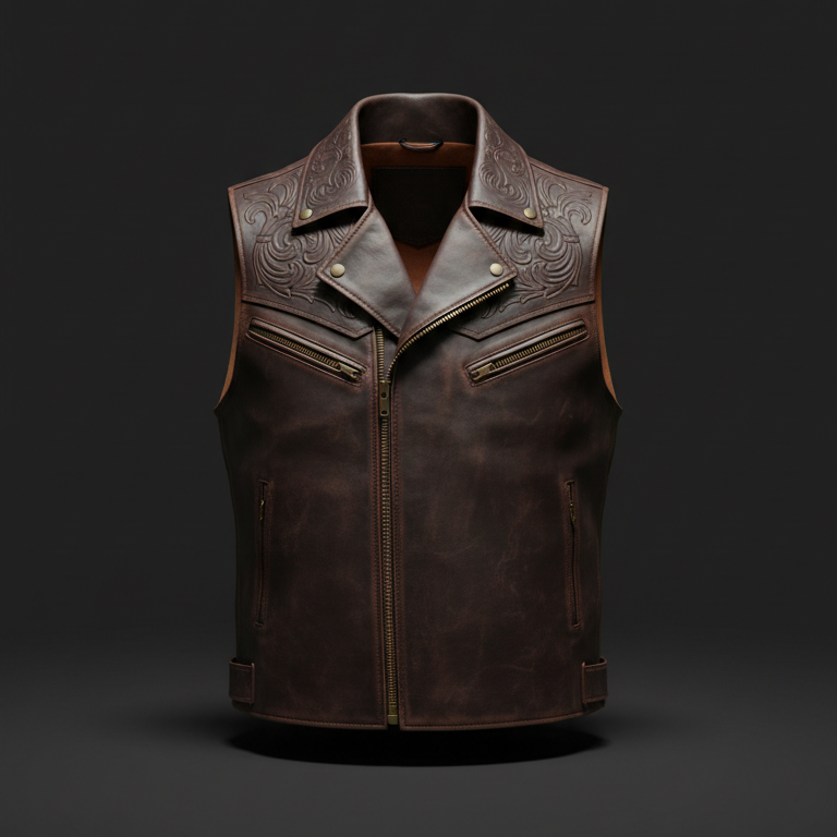 Leather Biker Vest with Brass Snaps