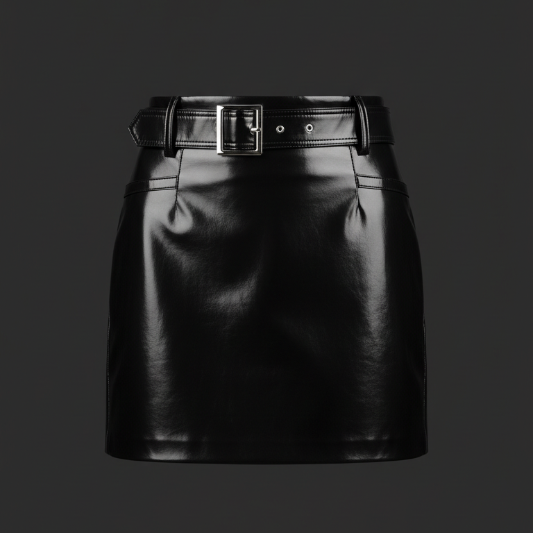 Black patent mini skirt with silver buckle