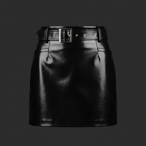 Black patent mini skirt with silver buckle
